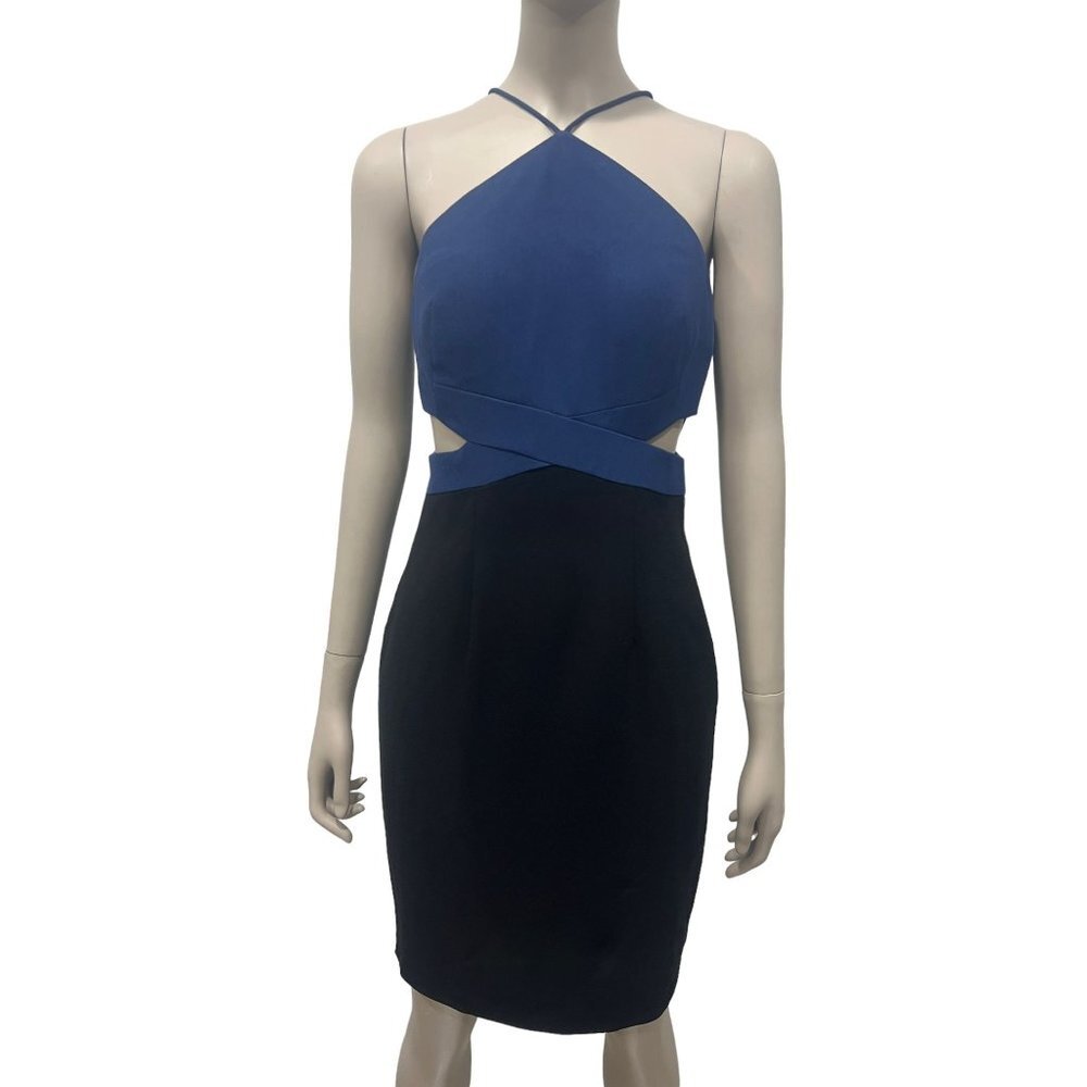 Aqua Two-Tone Blue and Black Halter Cutout Sheath Dress